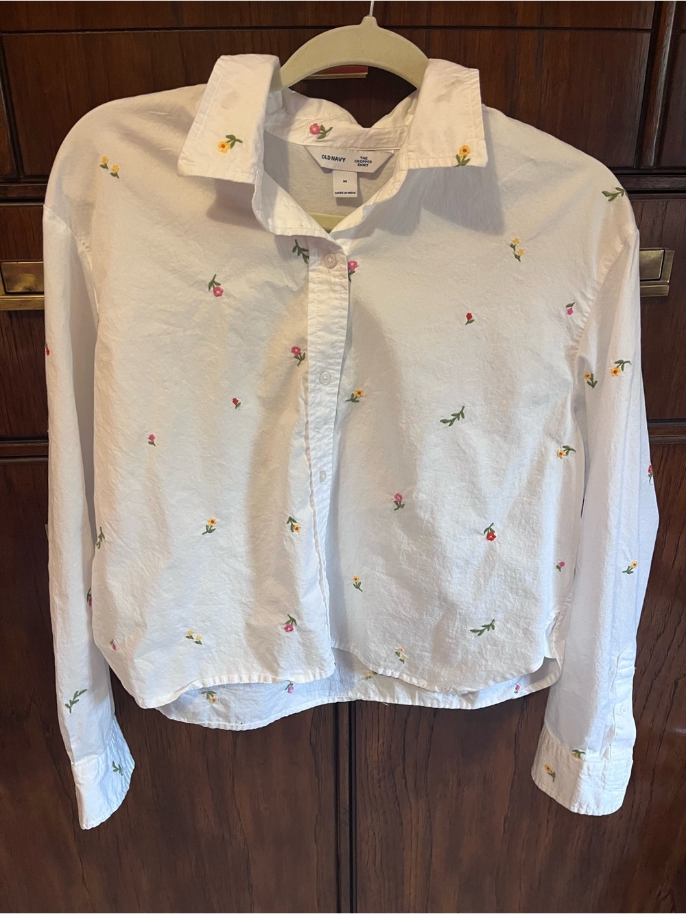 Old Navy Cropped Length White Button Down with Floral Embroidery | Medium